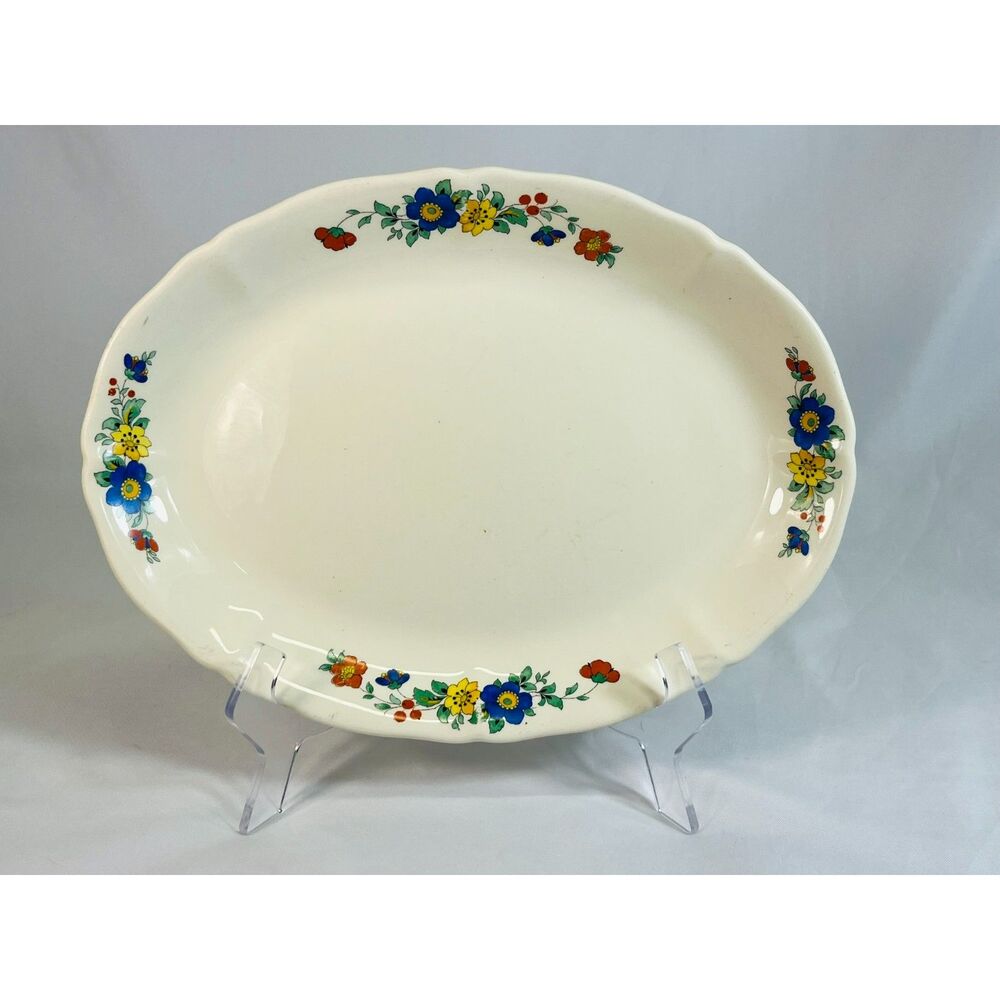 W.S. George Argosy Ivory 13" Oval Serving Platter Flowers